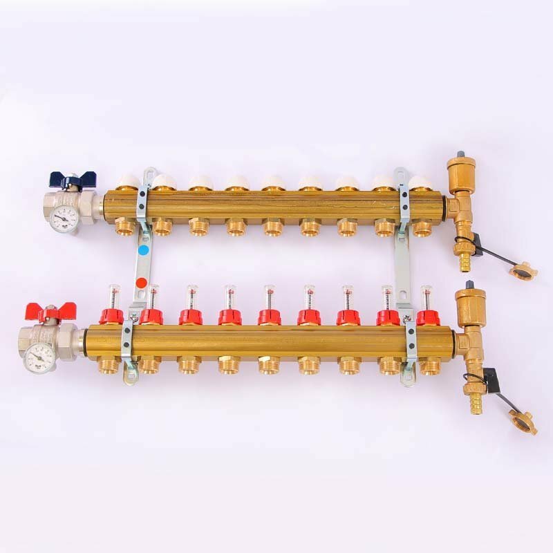 Коллектор для теплого пола TIEMME 1quot;x3/4quot;ЕК на 9 выходов с расходомерами