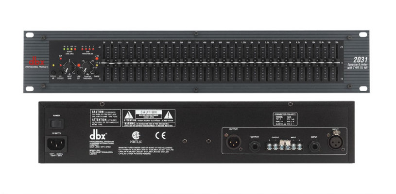 dbx 2031 графический эквалайзер 1-канальный с лимитером PeakPlus и системой шумоподавления Type III, 1/3 октавный с постоянной добротностью, 31-полосный. Высота 2U. Вх/вых - 1/4quot; TRS, XLR, клеммный зажим
