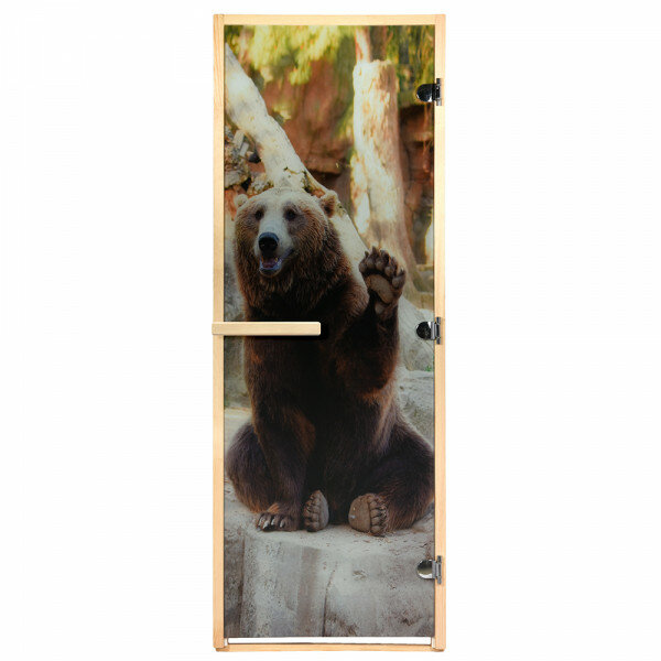 дверь из стекла с фотопечатью бурый медведь 1,9х0,7 м, 8 мм, коробка из хвои, 3 петли банные штучки