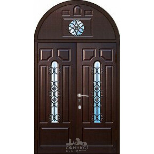 Металлическая дверь двустворчатая с аркой со стеклом и решеткой, мдф влагостойкий. Модель 58-117.