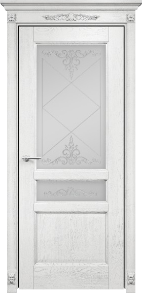 Межкомнатная дверь Оникс Италия 3 (Эмаль белая по ясеню патина серебро) сатинат белый, контурный витраж №1