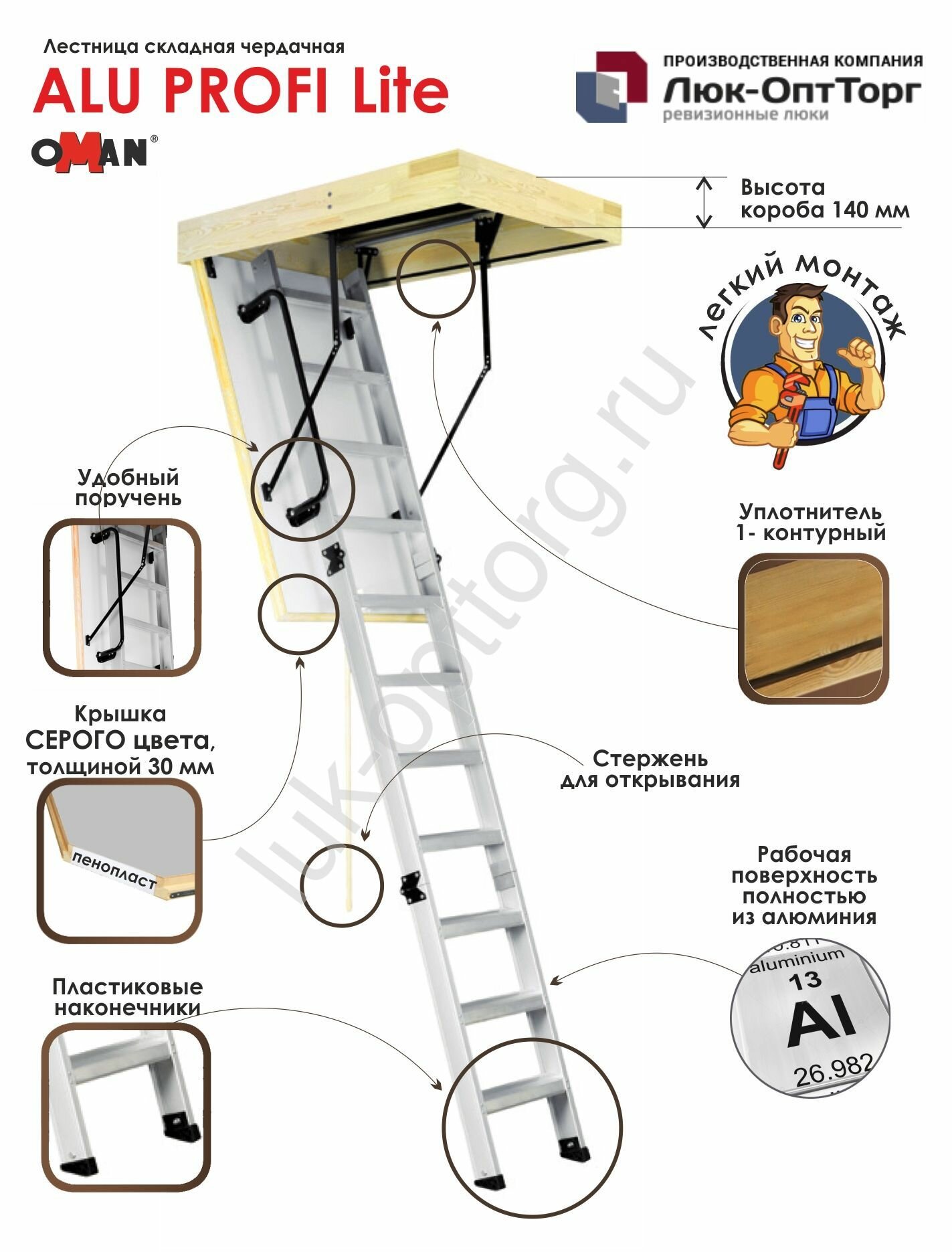 Чердачная люк-лестница Oman ALU PROFI LITE h=2800 600 * 1200 (Ш * В)