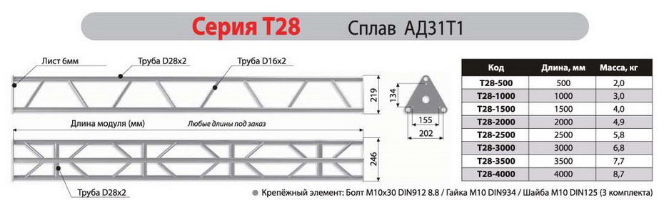 IMLIGHT T28-4000 Прямой модуль треугольной конфигурации длиной 4000мм, d28х2 \ d16х2мм. Крепежный размер 155мм, М10. Рисунок перемычек зеркальный.