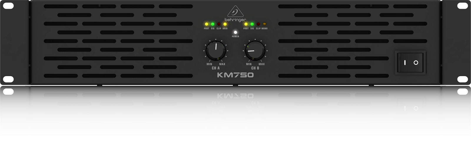 Behringer KM750 усилитель 2-канальный. Мощность (на канал): 400Вт•4Ом, 200Вт•8Ом, мост 750Вт•4Ом, XLR/Jack/RCA, клеммный зажим+Speakon, лимитер