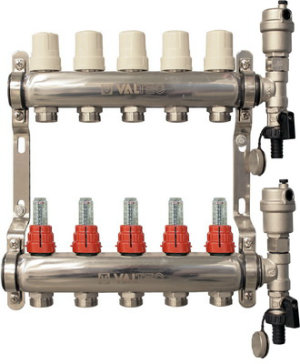 Коллекторный блок из нержавеющей стали со встроенными расходомерами Valtec на 10 выходов