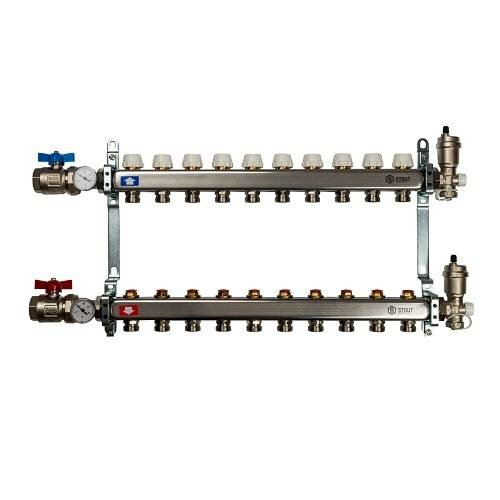 Коллекторная группа для отопления в сборе STOUT SMS0912 - 1quot; на 10 контуров 3/4quot;EK (нерж.сталь)