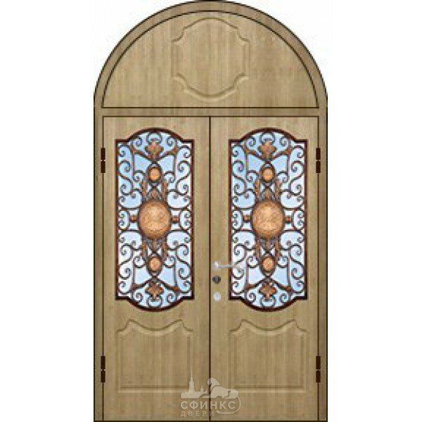 Металлическая дверь двустворчатая с аркой со стеклом и решеткой, мдф влагостойкий,мдф. Модель 58-116.