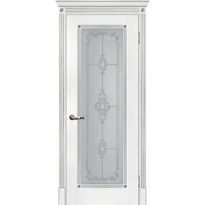 Межкомнатная Дверь Флоренция-1 белый, патина серебро мариам Экошпон Сатинат, контурный полимер серебро со стеклом, Размер Полотна 2000 х 600