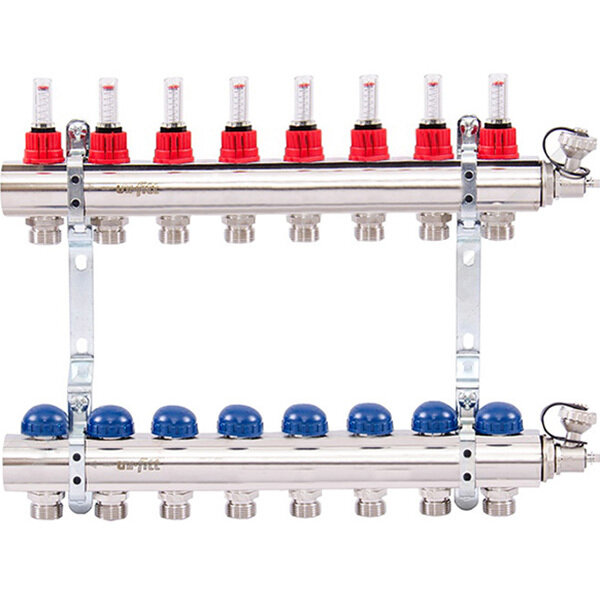 Коллектор Uni-Fitt 1quot;х3/4quot; 8 вых. из латуни с расходомерами и термостатическими вентилями