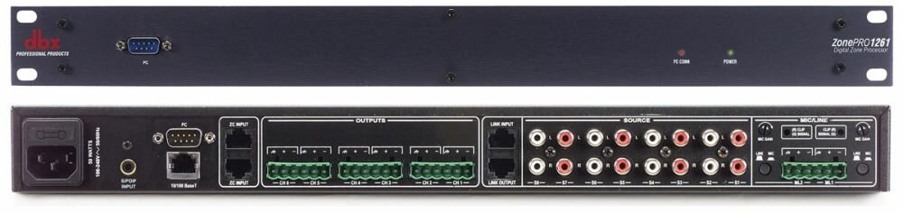 dbx 1261 аудио процессор для многозонных систем. 12 входов - 2 балансных мик/лин Phoenix, 8 RCA, S/PDIF, 6 балансных Phoenix выхода, управление - GUI интерфейс - с компьютера 2 порта для подключения контроллеров ZC (до 12 шт)
