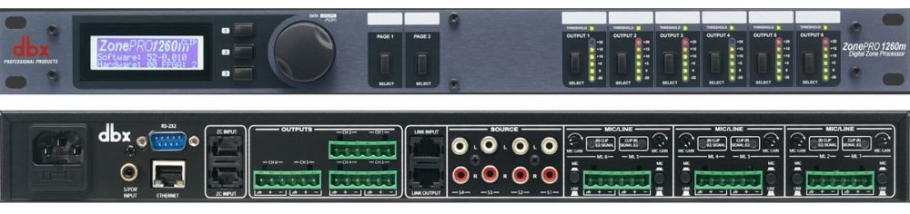 dbx 1260m аудио процессор для многозонных систем. 12 входов - 6 балансных мик/лин Phoenix, 4 RCA, S/PDIF, 6 балансных Phoenix выхода, управление - ЖК дисплей на лицевой панели, GUI интерфейс - с компьютера 2 порта для подключения контроллеров ZC (до 12 шт