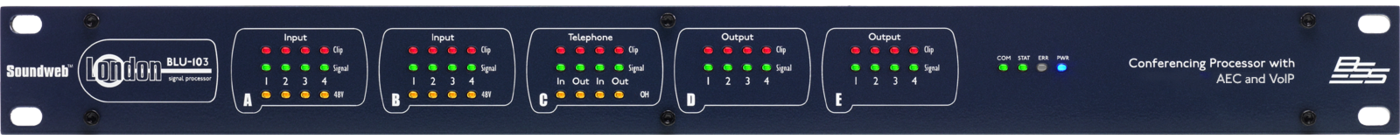 BSS BLU103 8 аудиоматрица с процессором, аналоговых mic/line входов, 8 аналоговых выходов. 8 независимых алгоритма AEC (подавление эха), VoIP, BLU-Link