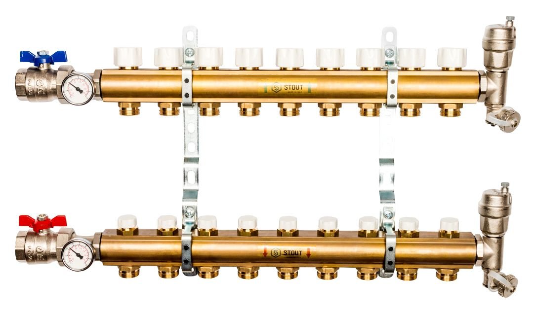 Коллектор распределительный STOUT из латуни без расходомеров 9 выходов SMB 0468 000009