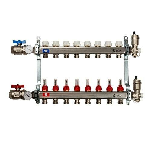 Коллекторная группа для теплого пола в сборе STOUT SMS0907 - 1quot; на 7 контура 3/4quot;EK (нерж.сталь)