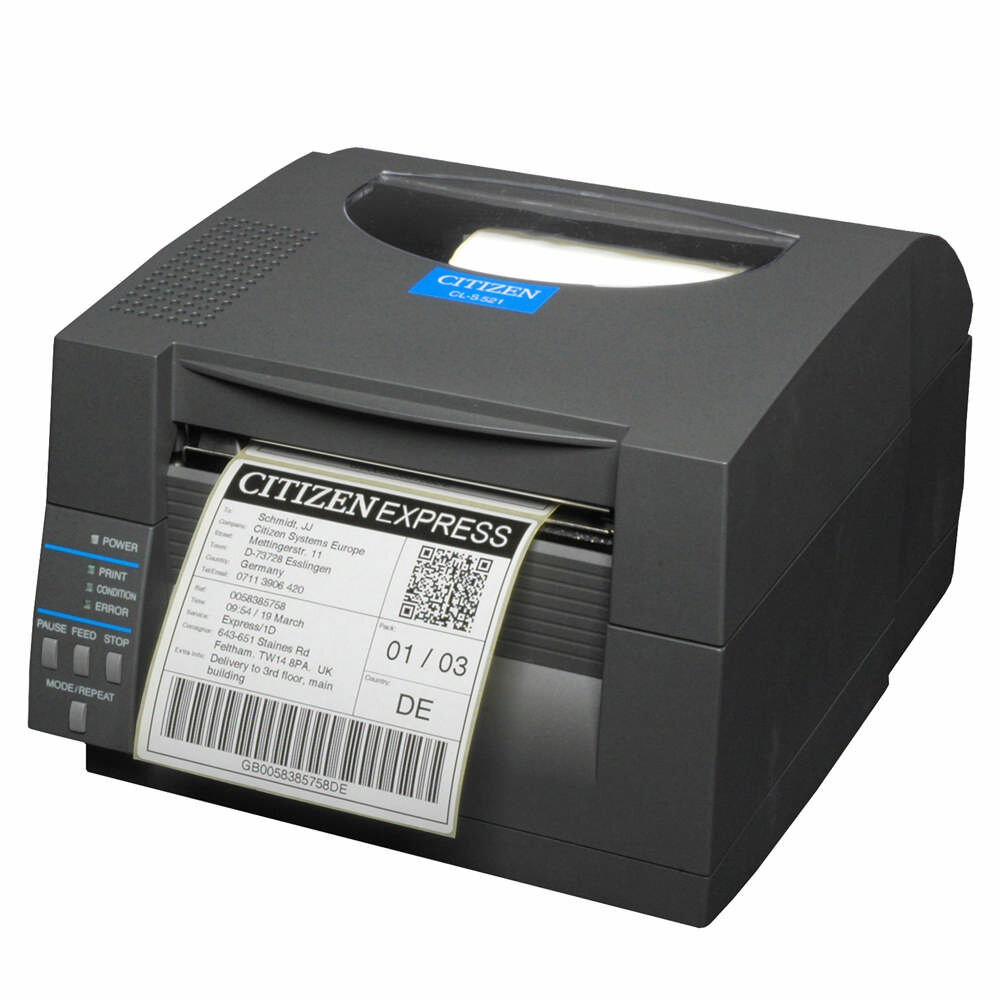 Термопринтер печати этикеток CITIZEN CL-S521 1000815, 203 dpi, ширина печати до 104мм, скорость до 150 мм/с, ZPI/DMX, цвет серый