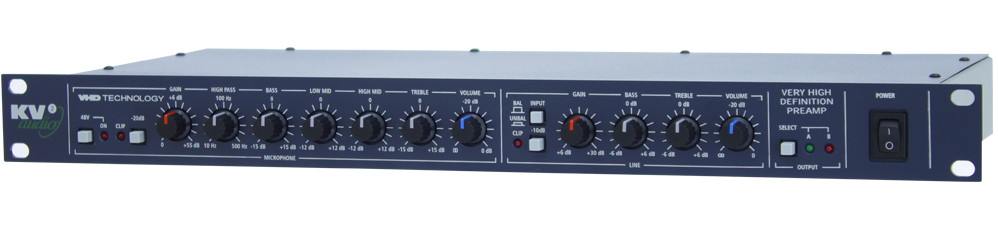KV2AUDIO VHDPREAMP 5-канальный предусилитель с микрофонным вх. + стерео вх. + RCA вх., +48 В, 4-полосный эквалайзер