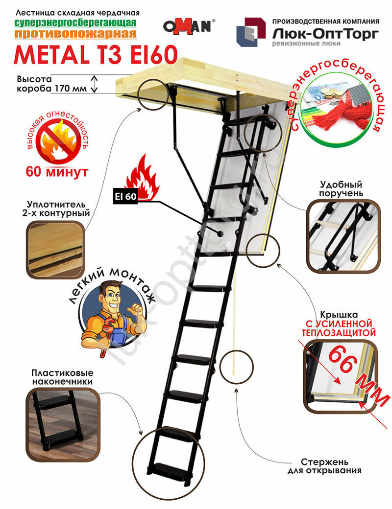 Противопожарная складная чердачная лестница Oman Metal T3 EI60 h=2800 600 * 1200 (Ш * В)