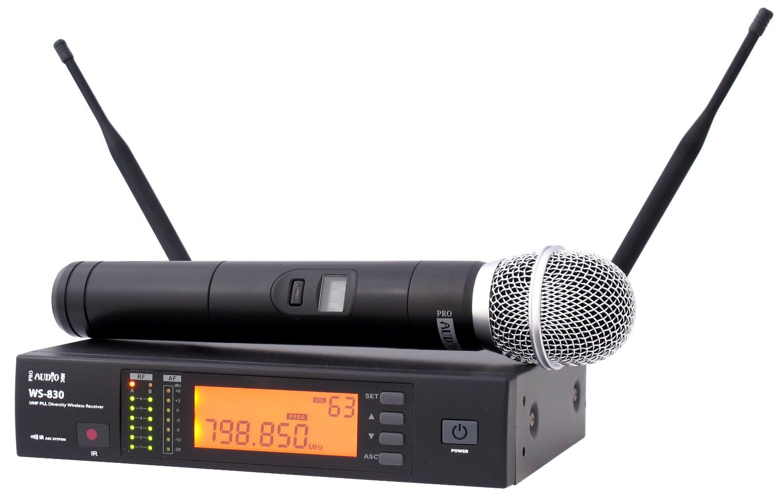 PROAUDIO WS-830HT-A Радиосистема, с ручным микрофоном, 160 частот, 790-814 МГц, сканер частот, синхронизация по IR, LCD дисплей, алюминиевый кейс, крепления для установки в рэк