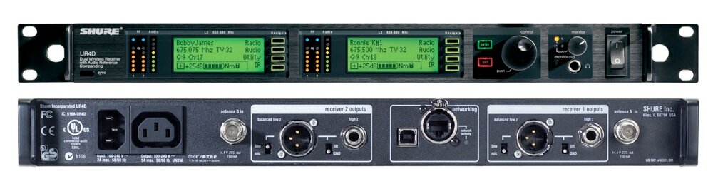 SHURE UR4D+ J5E 578 - 638 MHz двухканальный приемник радиосистемы UHF-R с возможностью каскадирования