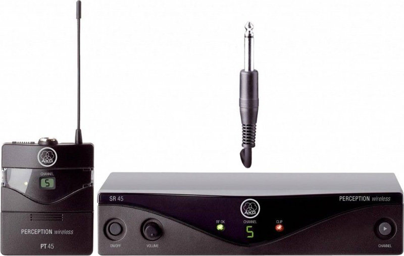 AKG Perception Wireless 45 Instr Set BD A инструментальная радиосистема. 1хSR45 стационарный приёмник, 1хPT45 поясной передатчик, гитарный кабель MK GL, универсальный б/п, 1хАА батарея.