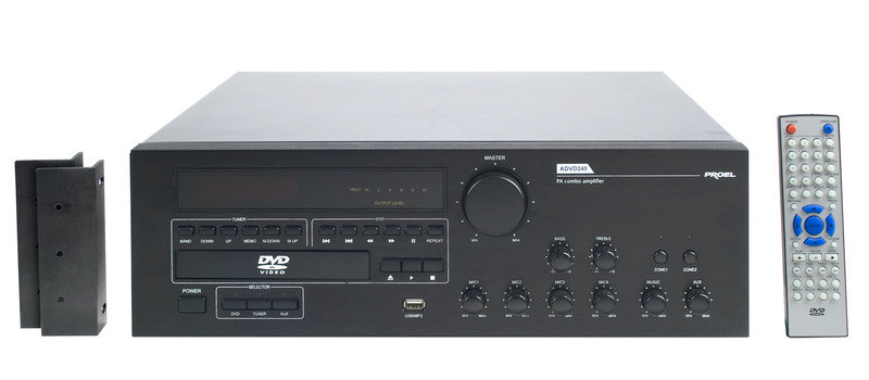 Proel ADVD240 Трансляционный моноблок DVD/FM/USB/усилитель 2 зональный: 240Вт (RMS), 4/8/16Ом, 25/75/100В, 50Hz-15KHz. Вход: 4 х MIC (XLR), 1 xAUX (RCA), мастер регулятор уровня выходного сигнала, регулятор уровня сигнала на каждом входе, регулятор тем
