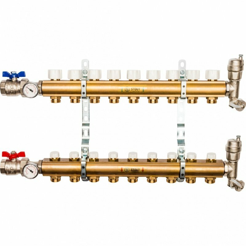 Распределительный коллектор из латуни STOUT 1quot; х 3/4quot; х 9 выходов без расходомеров