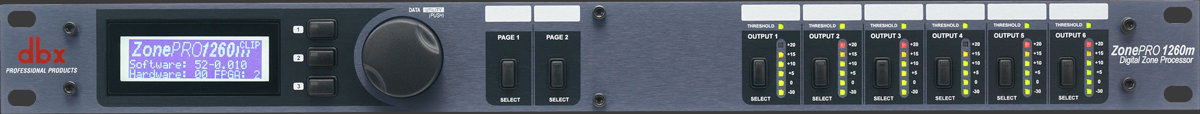 DBX ZONEPRO 1260m аудио процессор для многозонных систем. 12 входов - 6 балансных мик/лин Phoenix, 4 RCA, S/PDIF; 6 балансных Phoenix выхода, управление - ЖК дисплей на лицевой паннели, GUI интерфейс - с компьютера 2 порта для подключения контроллеров ZC