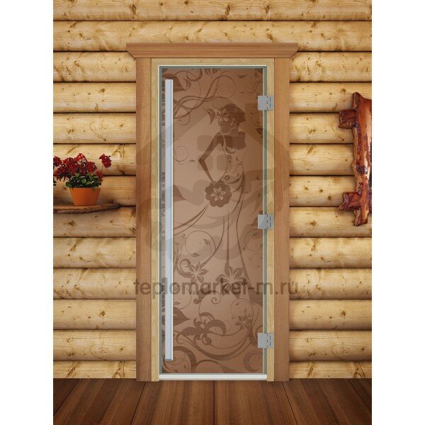 Дверь для бани DoorWood Престиж с рисунком quot;Девушка в цветахquot; Бронза матовая, 1900x700 мм