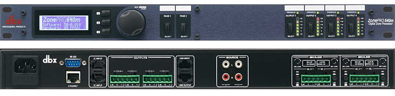 dbx 640m аудио процессор для многозонных систем. 6 входов - 4 балансных мик/лин Phoenix, 2 RCA, 4 балансных Phoenix выхода, управление - ЖК дисплей на лицевой панели, GUI интерфейс - с компьютера. 2 порта для подключения контроллеров ZC (до 12 шт)