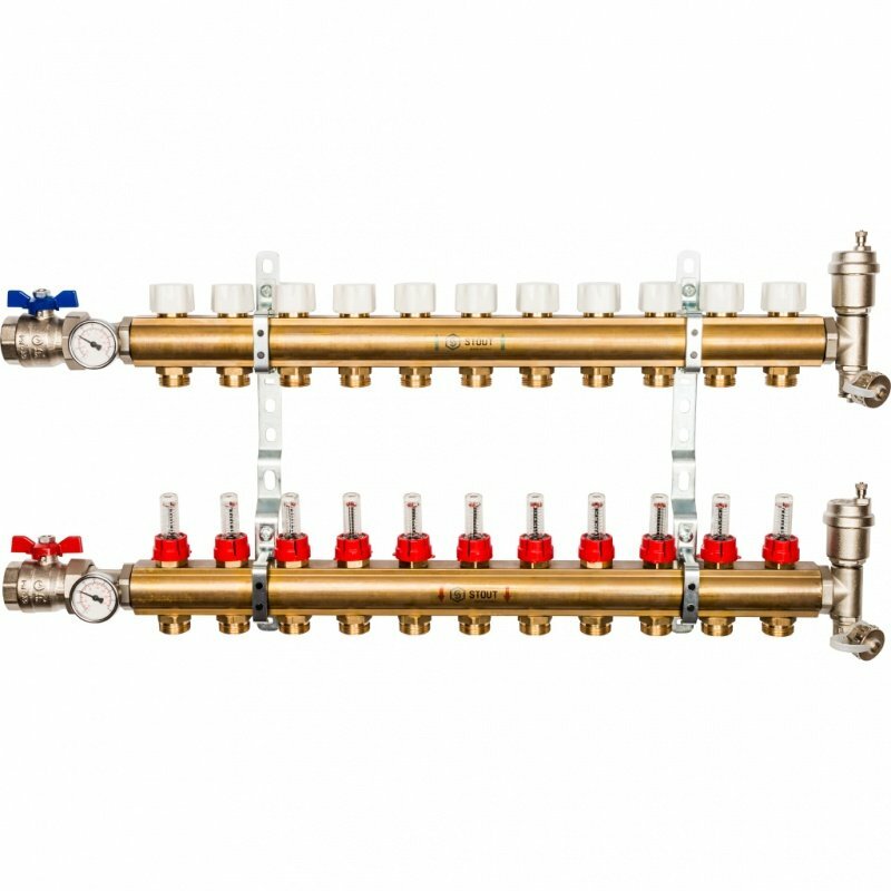 Коллектор из латуни на 11 вых. с расходомерами STOUT