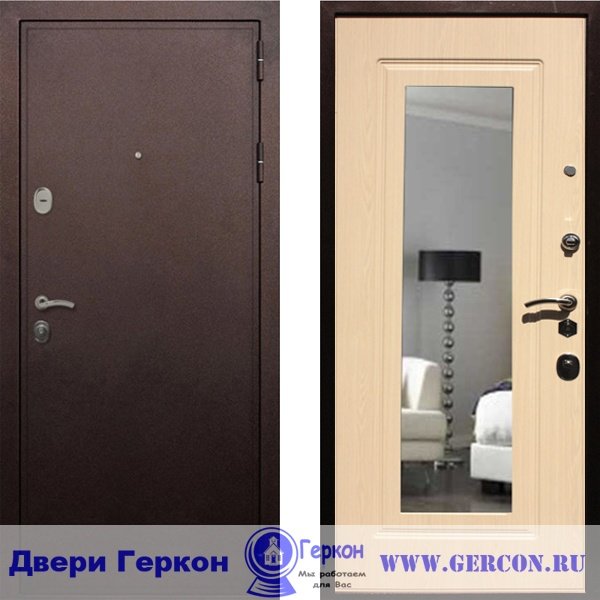 Двери с зеркалом Йошкар-Ола - Модель 5а Зеркало Медь-Беленый Дуб Входные двери с зеркалом