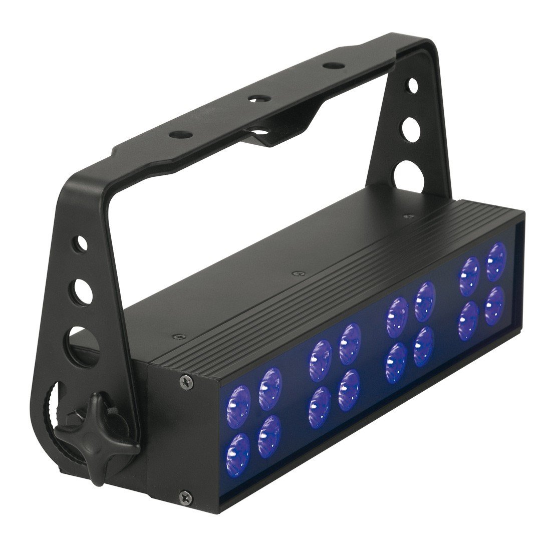 American Dj UVLED BAR16 мощная ультрафиолетовая световая панель с 16 яркими светодиодами мощностью 1W, срок службы светодиодов 50 000ч, 4 режима работы: Sound activе, DMX-512, Master/Slave, ручной. 1 режим DMX, UVстобо-эффект, диммер