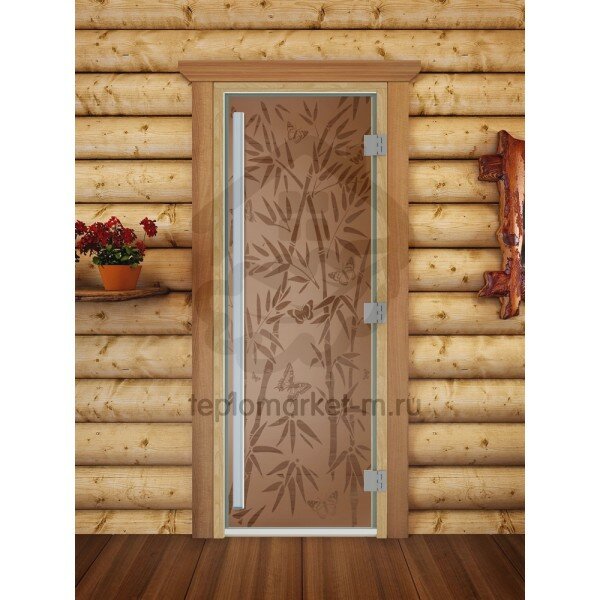 Дверь для бани DoorWood Престиж с рисунком quot;Бамбук и бабочкиquot; Бронза матовая, 1900x700 мм