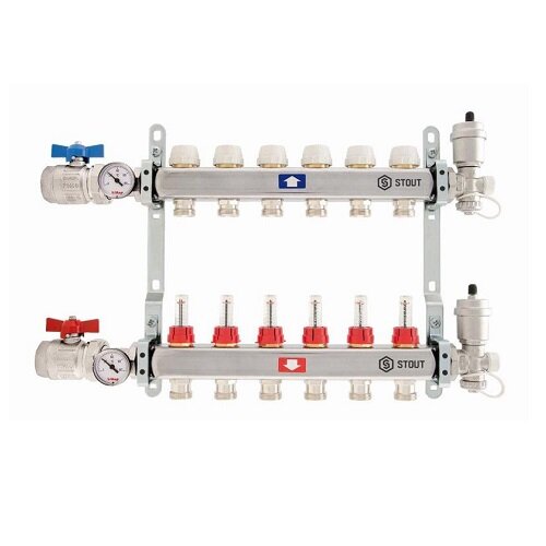 Коллекторная группа в сборе STOUT - 1quot; на 7 контуров 3/4quot; (нерж.сталь, с расходомерами) SMS 0907 000007