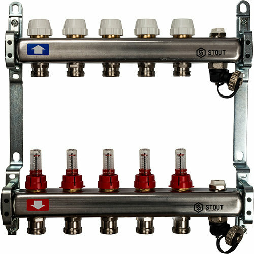 Коллектор с расходомерами, с запорными клапанами 5 вых. Stout