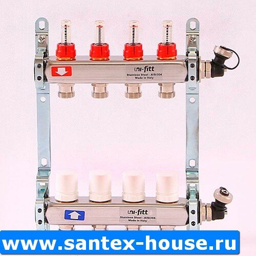 Коллектор из нержавеющей стали с расходомерами и термостатическими вентилями 13 вых. Uni-Fitt