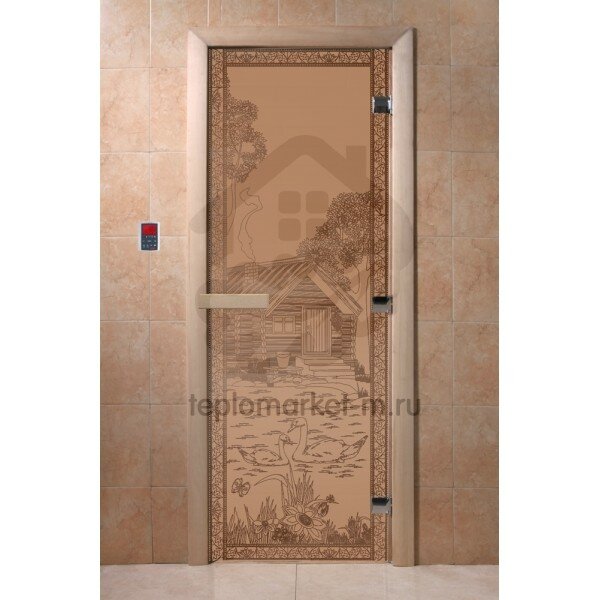 Дверь для бани DoorWood С рисунком «Банька в лесу» Бронза матовая, 2000x800 мм