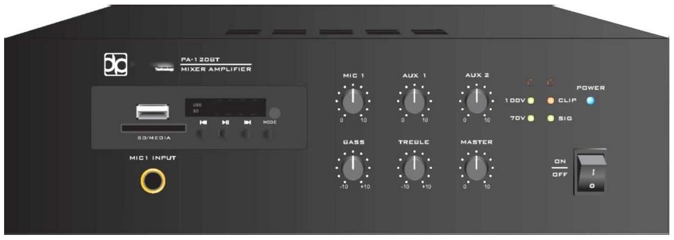 Direct Power Technology PA-120BR Микшер/усилитель, 1 канал 120 Вт (70/100 В), MP3/TUNER, Bluetooth, 1U (рэк)