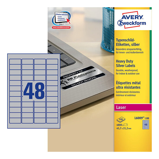 Серебристые полиэстерные этикетки Avery Zweckform 45.7x21.2 мм (48 шт. на листе A4, 100 листов) {L6009-100}