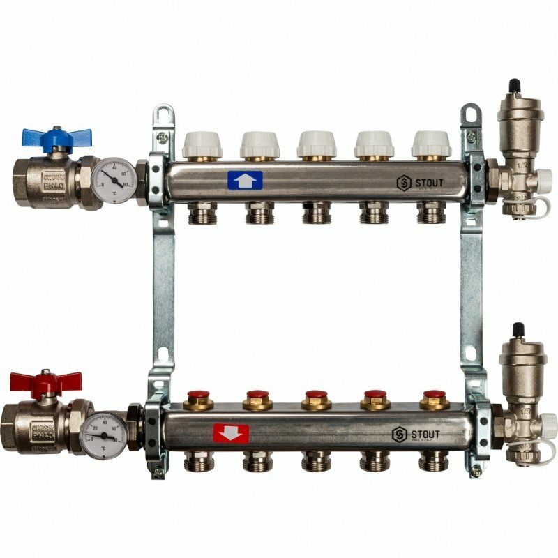Распределительный коллектор из нерж. стали STOUT в сборе 1quot;х3/4quot;ЕК 5 выходов без расходомеров