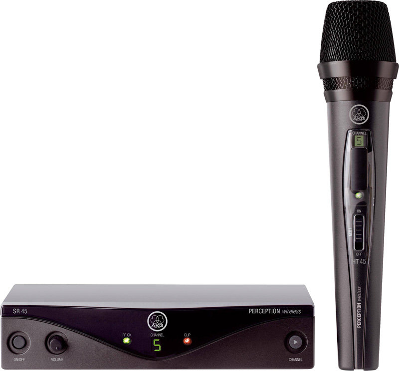 AKG Perception Wireless 45 Vocal Set BD A вокальная радиоситсема. 1хHT45 ручной передатчик с динамическим кардиоидным капсюлем P5, 1хSR45 стационарный приёмник. Универсальный б/п, держатель микрофона, 1хАА батарея