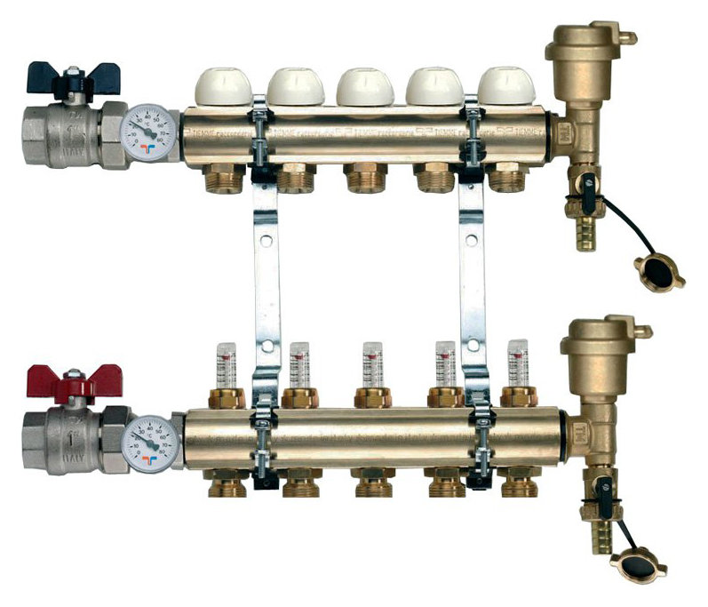 Коллектор распределительный Tiemme 1 5 выходов 3/4quot;, с расходомерами 3870001quot;