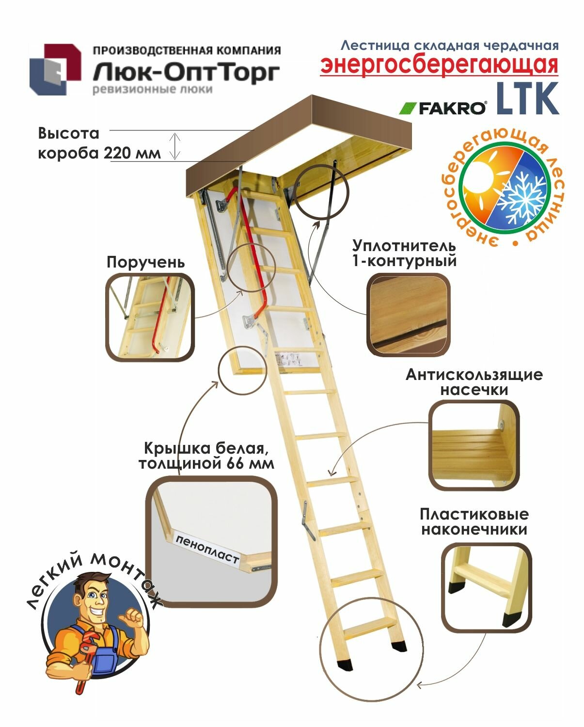 Чердачная люк-лестница Fakro LTK THERMO Н=2800 мм 700 * 1200 (Ш * В)