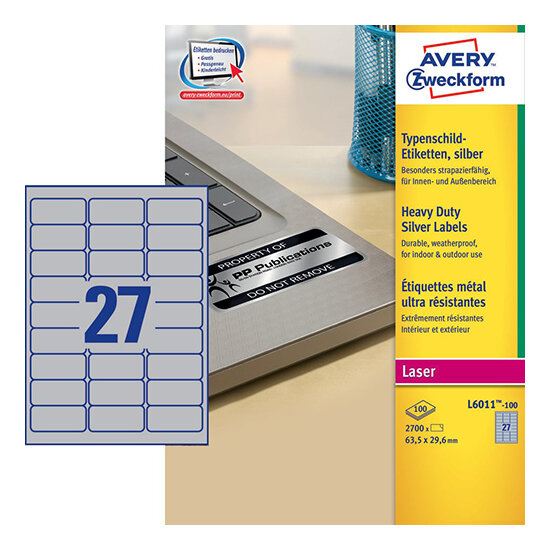 Серебристые полиэстерные этикетки Avery Zweckform 63.5x29.6 мм (27 шт. на листе A4, 100 листов) {L6011-100}