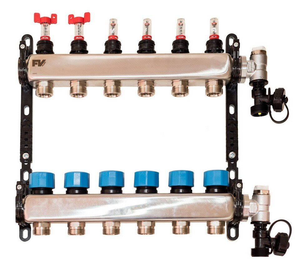 Коллекторная группа нерж 1quot;х3/4quot; с расходомерами воздухоотводчиками и дренажем на 12 выхода FV-Plast THERM AA906001012
