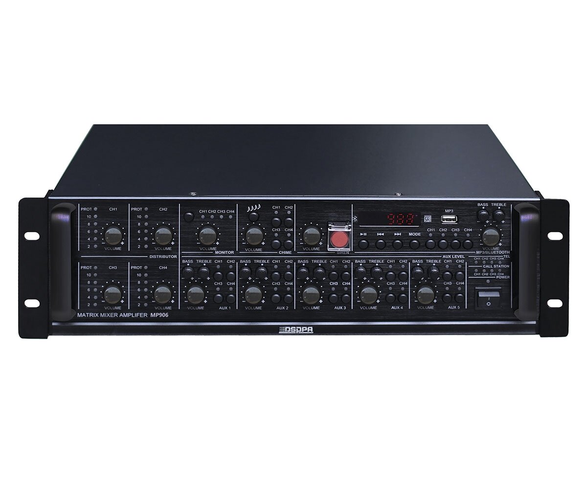 DSPPA MP-906 Активная аудиоматрица 4х4, 4 зоны c регулировкой уровня выходного сигнала отдельной зоны, 4х60 Вт/100 В, 3 микр., 2 лин. входа. MP3 плеер, вход USB для FLASH памяти. Питание 220 В