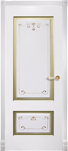 Межкомнатная дверь Оникс Марсель фрезерованное (Эмаль белая по МДФ) глухая, патина сплошная золото, фреза 5, роспись сложная №3