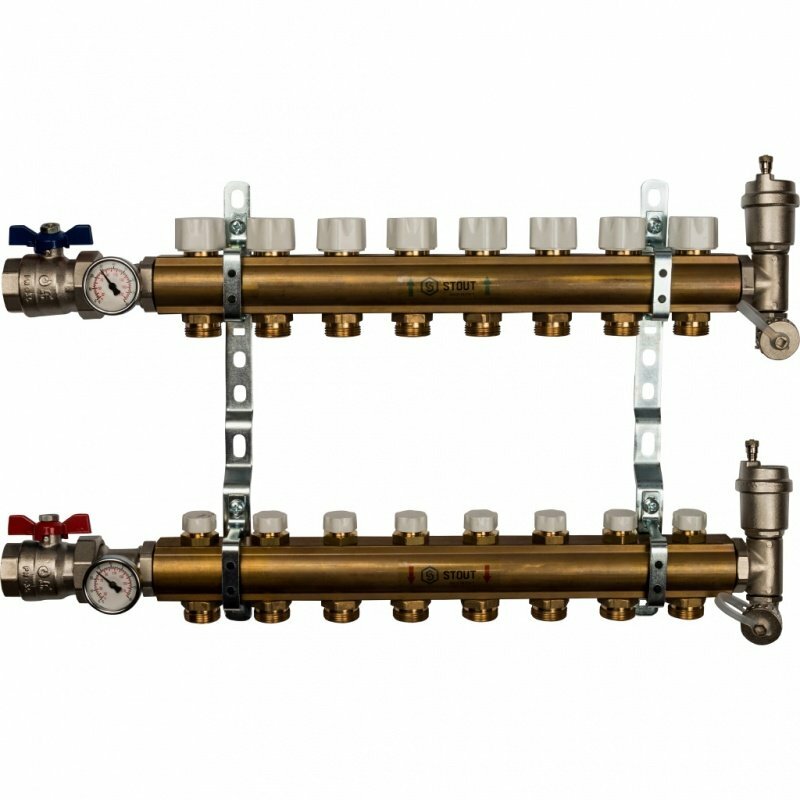 Распределительный коллектор из латуни STOUT 1quot; х 3/4quot; х 8 выходов без расходомеров