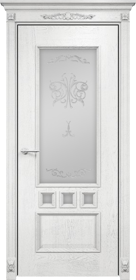 Межкомнатная дверь Оникс Амстердам (Эмаль белая по ясеню патина серебро) сатинат белый, контурный витраж №2, штапик узкий резной