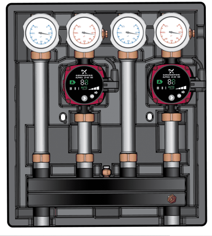 MEIBES Насосная группа Kombimix 2UK с насосом Grundfos UPM3 Hybrid 15-70 2 прямых контура